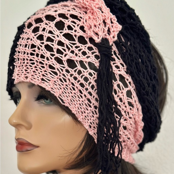 Hand Knits 2 Love Cotton Headband Bandana Scarf Lace Tassels Designer Black Pink